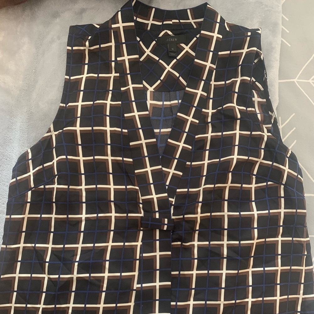 Navy & Brown plaid silk shell